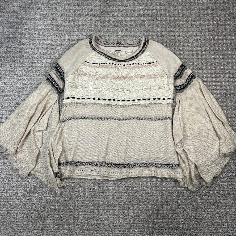 Free People Mixed Knit Bell Sleeve Sweater Striped Boho Pullover Small